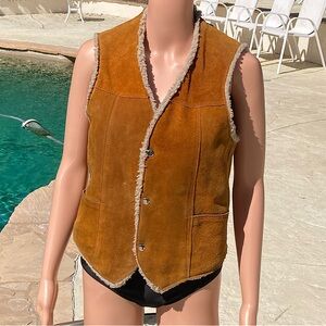 Cowgirl Suede Vest Sherpa Fleece Lined Brown Pockets Western